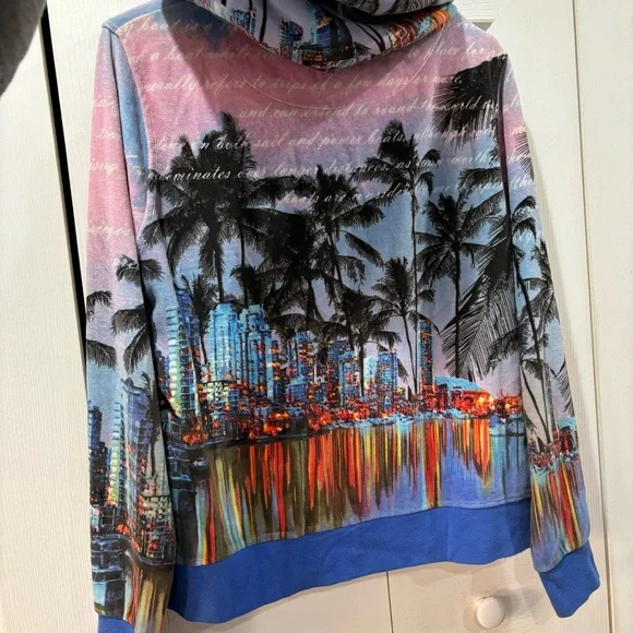 FRENCH POSTCARDS Women’s Handcrafted Miami Scene Velvet Zip Up Sweatshirt size M - Picture 6 of 6